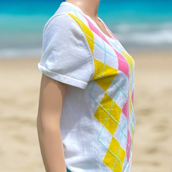 Liz Claiborne Argyle Short Sleeve Pullover V-Neck Sweater - Picture 7 of 16